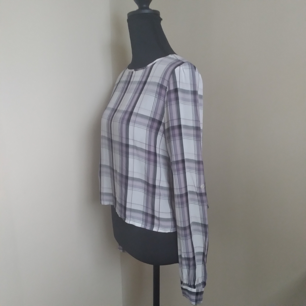 Loft Cropped Plaid Long Sleeve Top Women's XS Pink Preppy Summer Academia